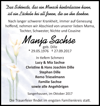 Traueranzeige von Manja Sachse von Mitteldeutsche Zeitung Sangerhausen