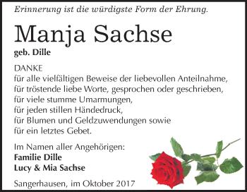 Traueranzeige von Manja Sachse von Mitteldeutsche Zeitung Sangerhausen