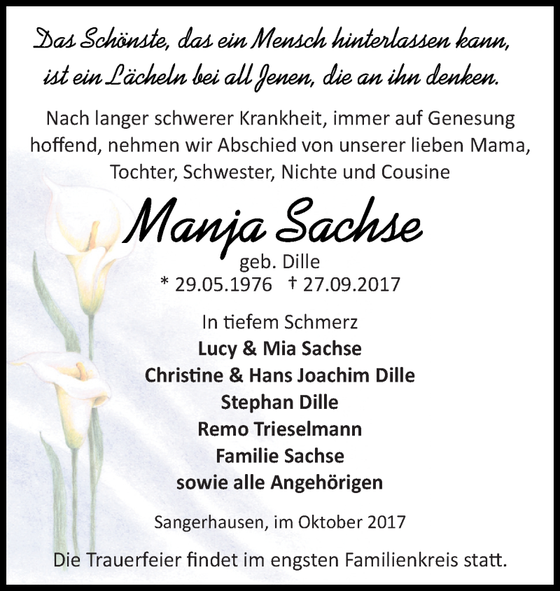  Traueranzeige für Manja Sachse vom 07.10.2017 aus Mitteldeutsche Zeitung Sangerhausen