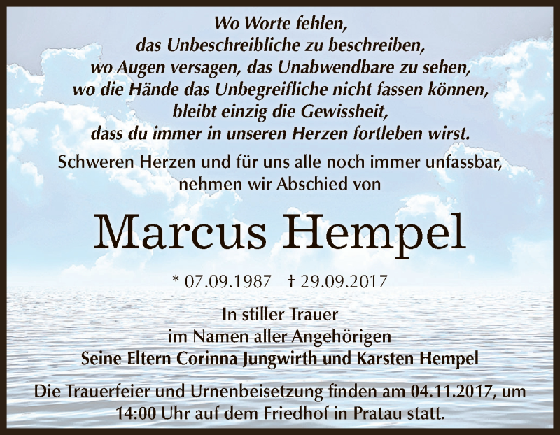  Traueranzeige für Marcus Hempel vom 21.10.2017 aus WVG - Wochenspiegel Dessau / Köthen