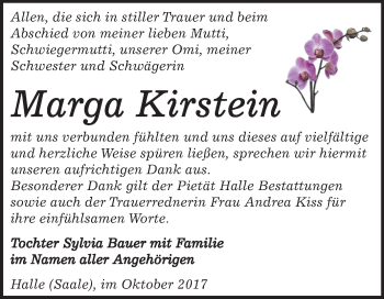 Traueranzeige von Marga Kirstein von Mitteldeutsche Zeitung Halle/Saalkreis