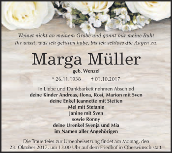 Traueranzeige von Marga Müller von WVG - Wochenspiegel Merseburg
