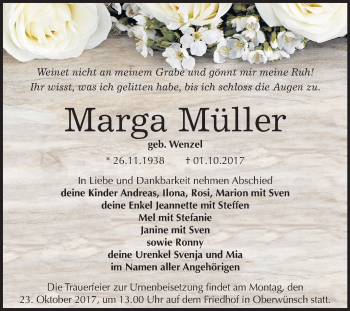 Traueranzeige von Marga Müller von Mitteldeutsche Zeitung Merseburg/Querfurt