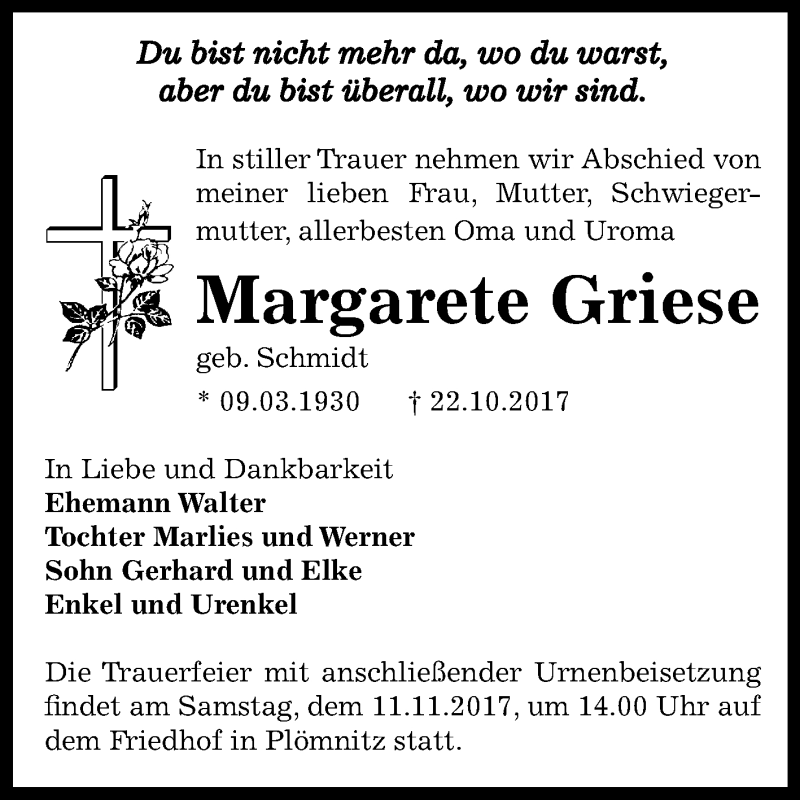  Traueranzeige für Margarete Griese vom 28.10.2017 aus Mitteldeutsche Zeitung Bernburg