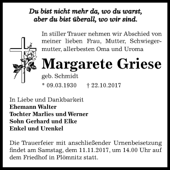 Traueranzeige von Margarete Griese von Mitteldeutsche Zeitung Bernburg