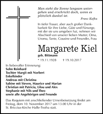 Traueranzeige von Margarete Kiel von Mitteldeutsche Zeitung Halle/Saalkreis