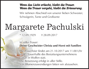 Traueranzeige von Margarete Pachulski von Mitteldeutsche Zeitung Bitterfeld