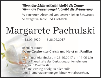 Traueranzeige von Margarete Pachulski von WVG - Wochenspiegel Bitterfeld