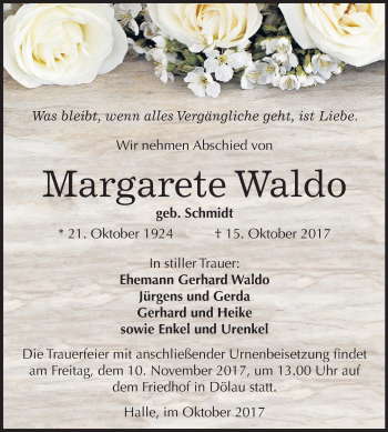 Traueranzeige von Margarete Waldo von Mitteldeutsche Zeitung Halle/Saalkreis