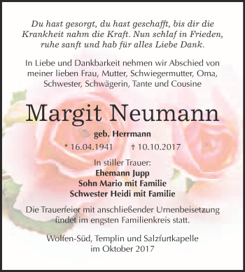 Traueranzeige von Margit Neumann von WVG - Wochenspiegel Bitterfeld