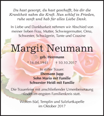 Traueranzeige von Margit Neumann von Mitteldeutsche Zeitung Bitterfeld
