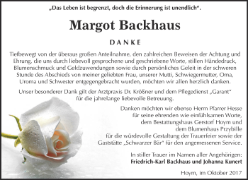 Traueranzeige von Margot Backhaus von Super Sonntag Aschersleben