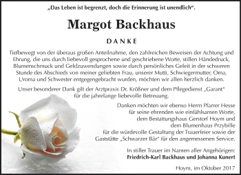 Traueranzeige von Margot Backhaus von Mitteldeutsche Zeitung Aschersleben