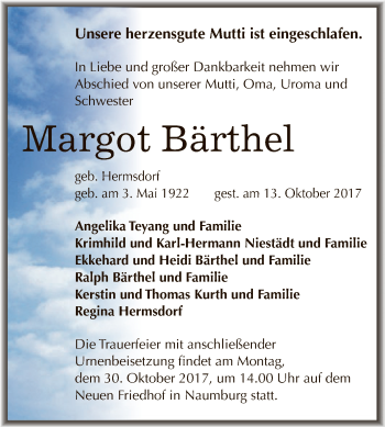Traueranzeige von Margot Bärthel von WVG - Wochenspiegel NMB / WSF / ZTZ