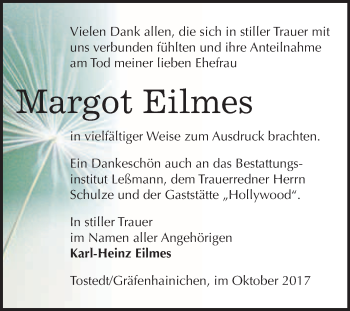 Traueranzeige von Margot Eilmes von WVG - Wochenspiegel Wittenberg