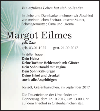 Traueranzeige von Margot Eilmes von WVG - Wochenspiegel Bitterfeld