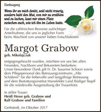 Traueranzeige von Margot Grabow von Wochenspiegel Mansfelder Land