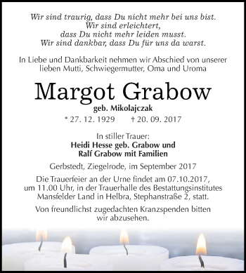 Traueranzeige von Margot Grabow von Wochenspiegel Mansfelder Land