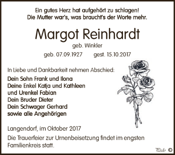 Traueranzeige von Margot Reinhardt von WVG - Wochenspiegel NMB / WSF / ZTZ