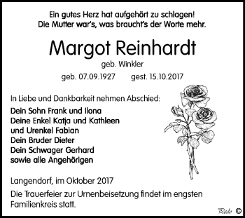 Traueranzeige von Margot Reinhardt von Mitteldeutsche Zeitung Weißenfels