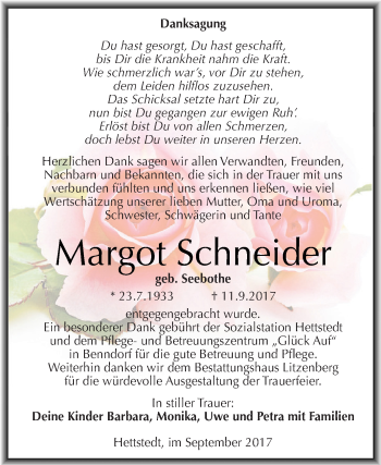 Traueranzeige von Margot Schneider von Wochenspiegel Mansfelder Land