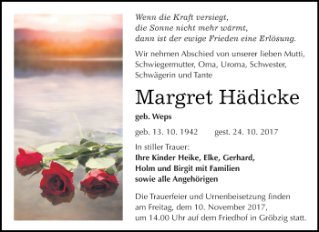 Traueranzeige von Margret Hädicke von WVG - Wochenspiegel Dessau / Köthen