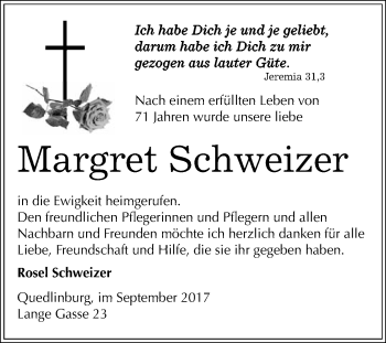 Traueranzeige von Margret Schweizer von WVG - Wochenspiegel Quedlinburg