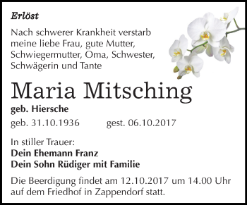 Traueranzeige von Maria Mitsching von Mitteldeutsche Zeitung Halle/Saalkreis