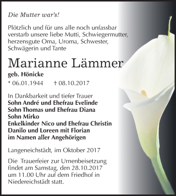 Traueranzeige von Marianne Lämmer von Mitteldeutsche Zeitung Merseburg/Querfurt