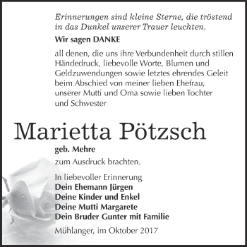 Traueranzeige von Marietta Pötzsch von WVG - Wochenspiegel Wittenberg