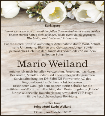 Traueranzeige von Mario Weiland von WVG - Wochenspiegel Dessau / Köthen