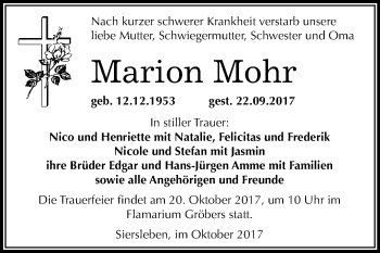Traueranzeige von Marion Mohr von Mitteldeutsche Zeitung