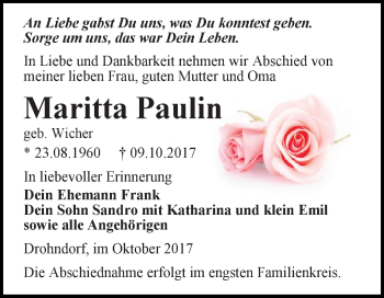 Traueranzeige von Maritta Paulin von Super Sonntag Aschersleben