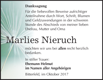Traueranzeige von Marlies Nieruch von Mitteldeutsche Zeitung Bitterfeld