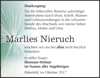 Traueranzeige von Marlies Nieruch von WVG - Wochenspiegel Bitterfeld