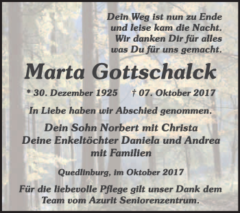 Traueranzeige von Marta Gottschalck von WVG - Wochenspiegel Quedlinburg