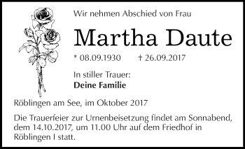 Traueranzeige von Martha Daute von Super Sonntag SGH Mansf. Land