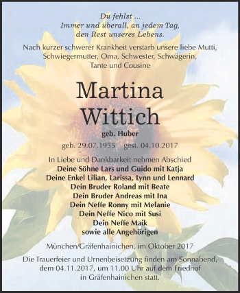Traueranzeige von Martina Wittich von WVG - Wochenspiegel Wittenberg
