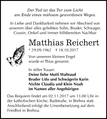 Traueranzeige von Matthias Reichert von Mitteldeutsche Zeitung Bitterfeld