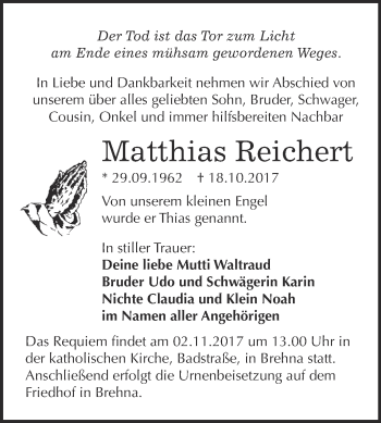 Traueranzeige von Matthias Reichert von WVG - Wochenspiegel Bitterfeld