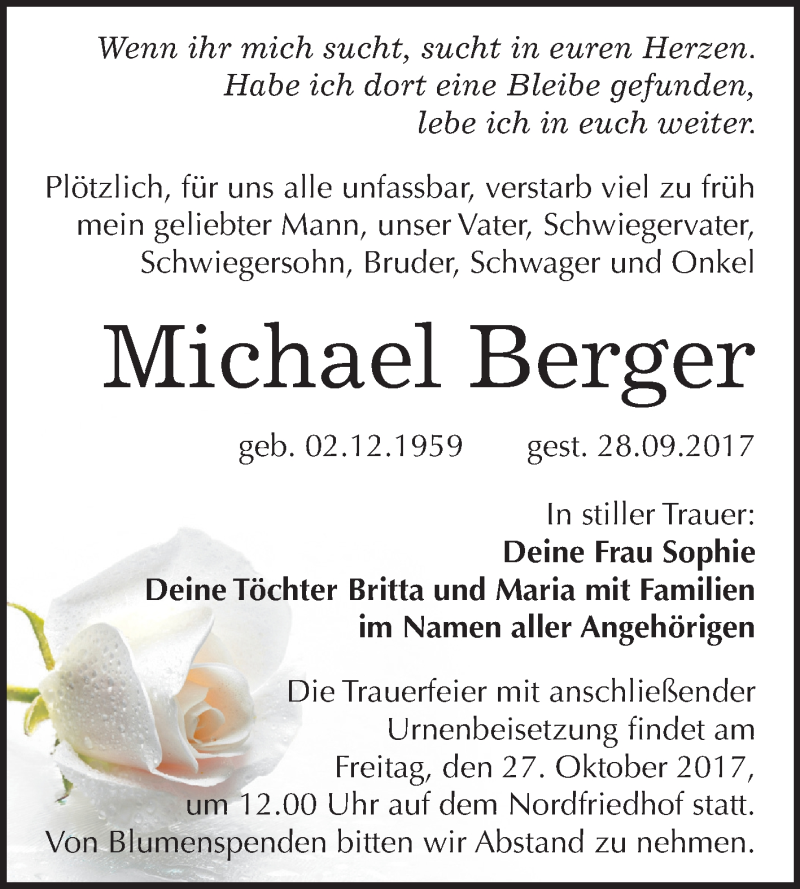  Traueranzeige für Michael Berger vom 14.10.2017 aus Mitteldeutsche Zeitung Halle/Saalkreis