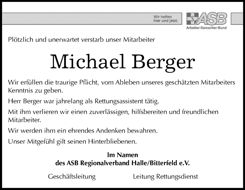  Traueranzeige für Michael Berger vom 07.10.2017 aus Mitteldeutsche Zeitung Halle/Saalkreis