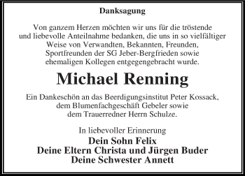 Traueranzeige von Michael Renning von WVG - Wochenspiegel Dessau / Köthen