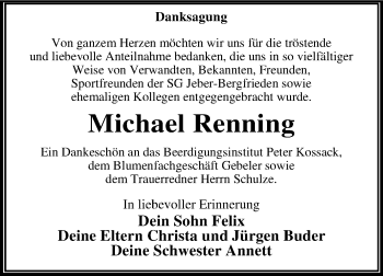 Traueranzeige von Michael Renning von Mitteldeutsche Zeitung Dessau-Roßlau