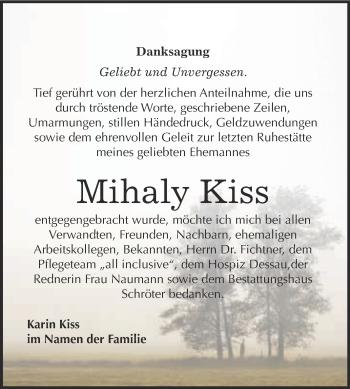 Traueranzeige von Mihaly Kiss von WVG - Wochenspiegel Bitterfeld