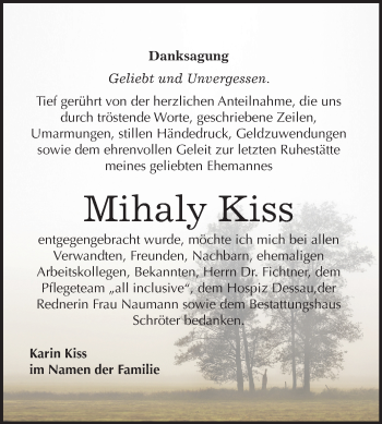 Traueranzeige von Mihaly Kiss von Mitteldeutsche Zeitung Bitterfeld