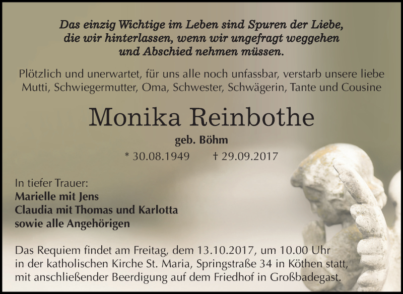  Traueranzeige für Monika Reinbothe vom 10.10.2017 aus Mitteldeutsche Zeitung Köthen