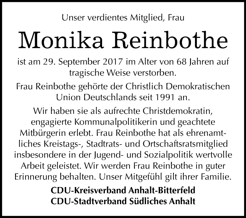 Traueranzeige für Monika Reinbothe vom 07.10.2017 aus Mitteldeutsche Zeitung Köthen
