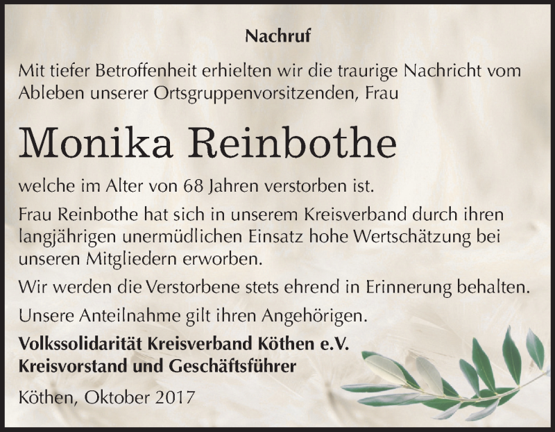  Traueranzeige für Monika Reinbothe vom 12.10.2017 aus Mitteldeutsche Zeitung Köthen