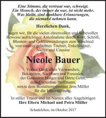 Traueranzeige von Nicole Bauer von Mitteldeutsche Zeitung Aschersleben